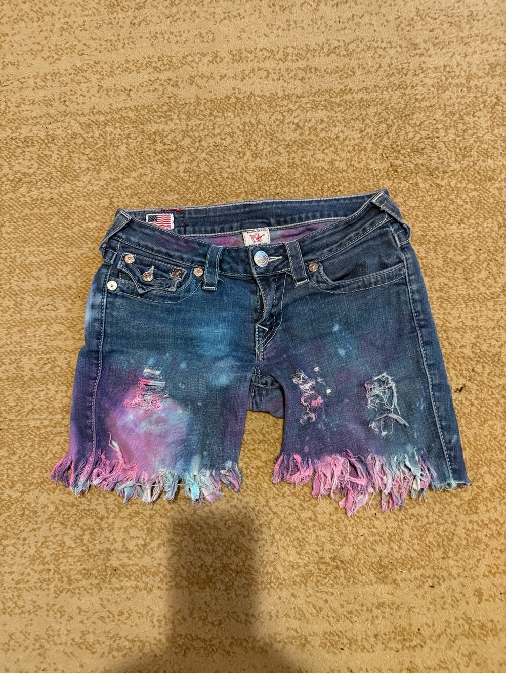 True Religion Women's Blue Denim Tie-Dye Frayed Shorts size 27